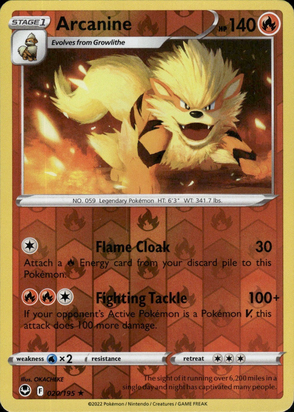 Arcanine 020/195 Rare Silver Tempest Pokemon Reverse Holo Lightly Played