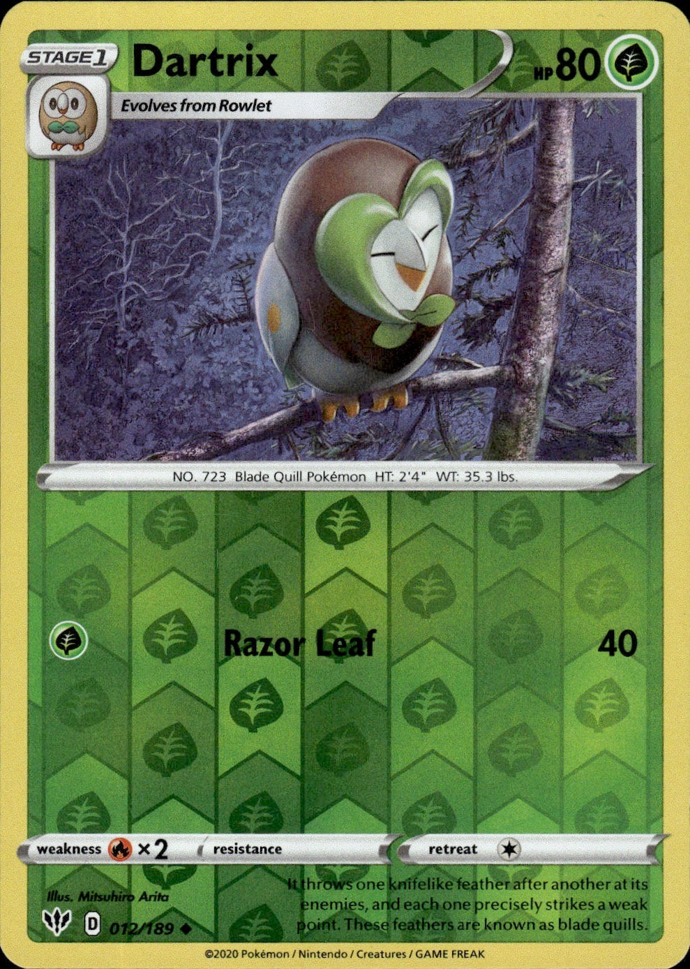 Dartrix 012/189 Uncommon Darkness Ablaze Pokemon Reverse Holo Lightly Played