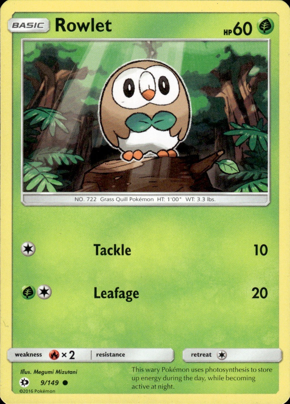 Rowlet 9/149 Common SM Base Set Pokemon Lightly Played