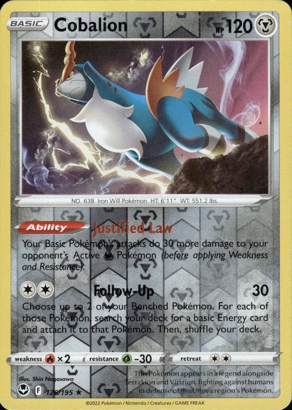 Cobalion 126/195 Rare Silver Tempest Pokemon Reverse Holo Lightly Played
