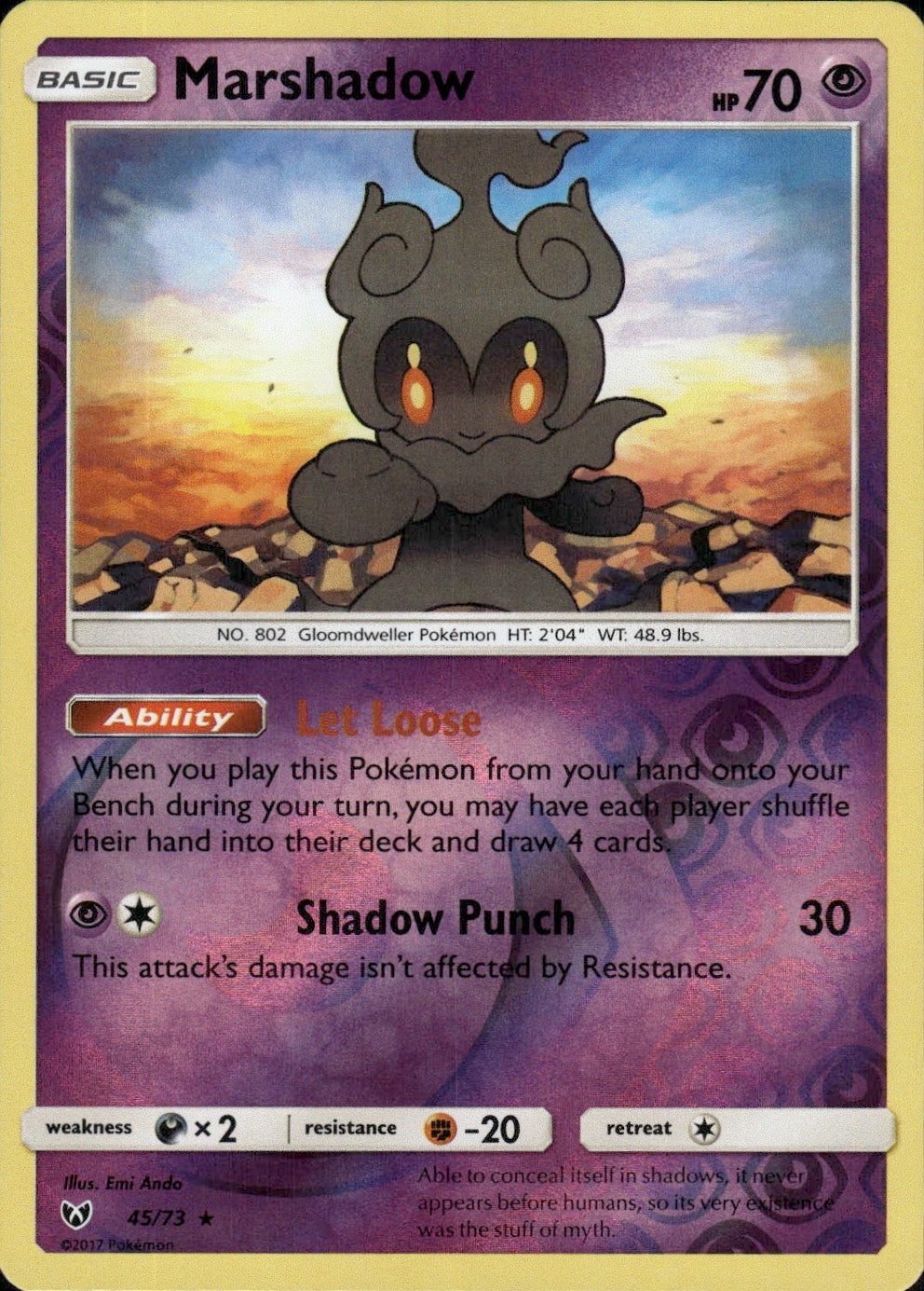 Marshadow 45/73 Rare Shining Legends Pokemon Reverse Holo Lightly Played