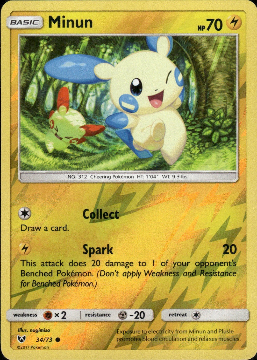 Minun 34/73 Common Shining Legends Pokemon Reverse Holo Lightly Played