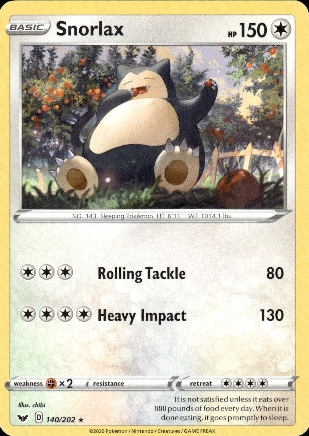 Snorlax 140/202 Rare Sword & Shield Pokemon Lightly Played
