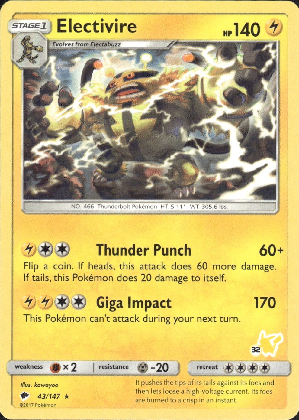 Electivire- 43/147 (#32 Pikachu Stamped) 043/147 Promo Battle Academy Pokemon LP