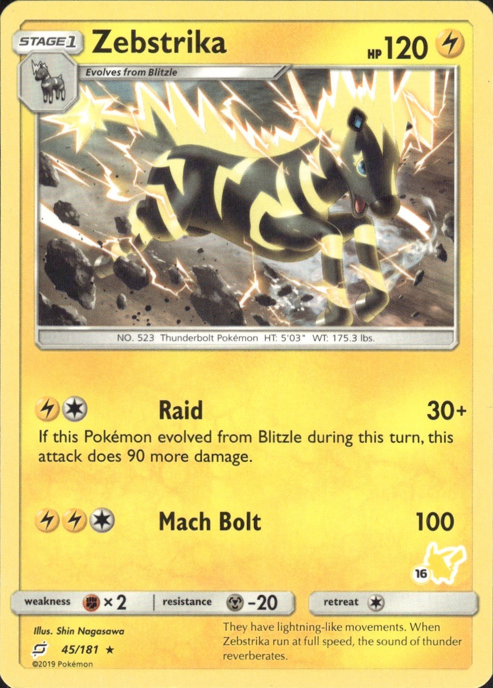 Zebstrika - 45/181 (#16 Pikachu Stamped) 045/181 Promo Battle Academy Pokemon LP