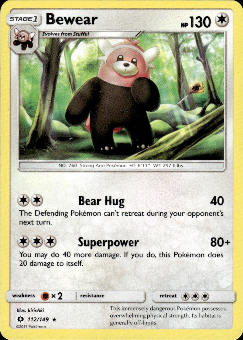 Bewear 112/149 Rare SM Base Set Pokemon Lightly Played