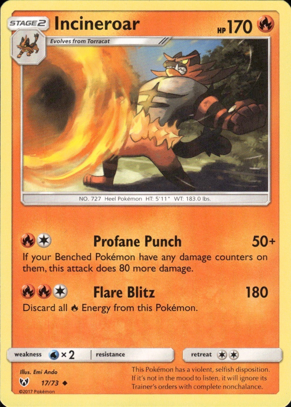 Incineroar 17/73 Uncommon Shining Legends Pokemon Lightly Played