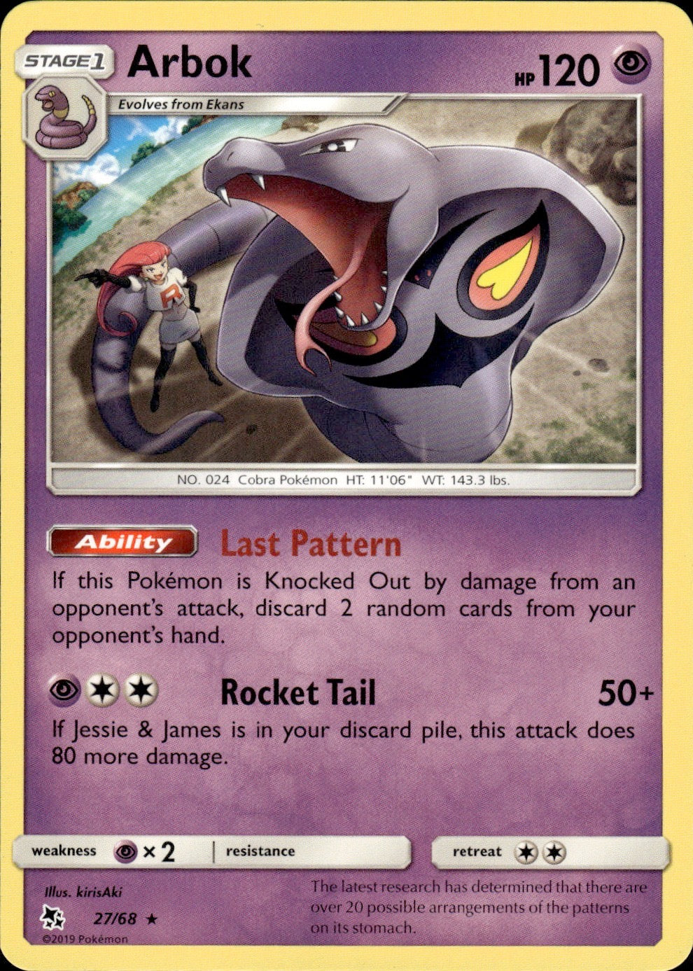 Arbok 27/68 Rare Hidden Fates Pokemon Lightly Played