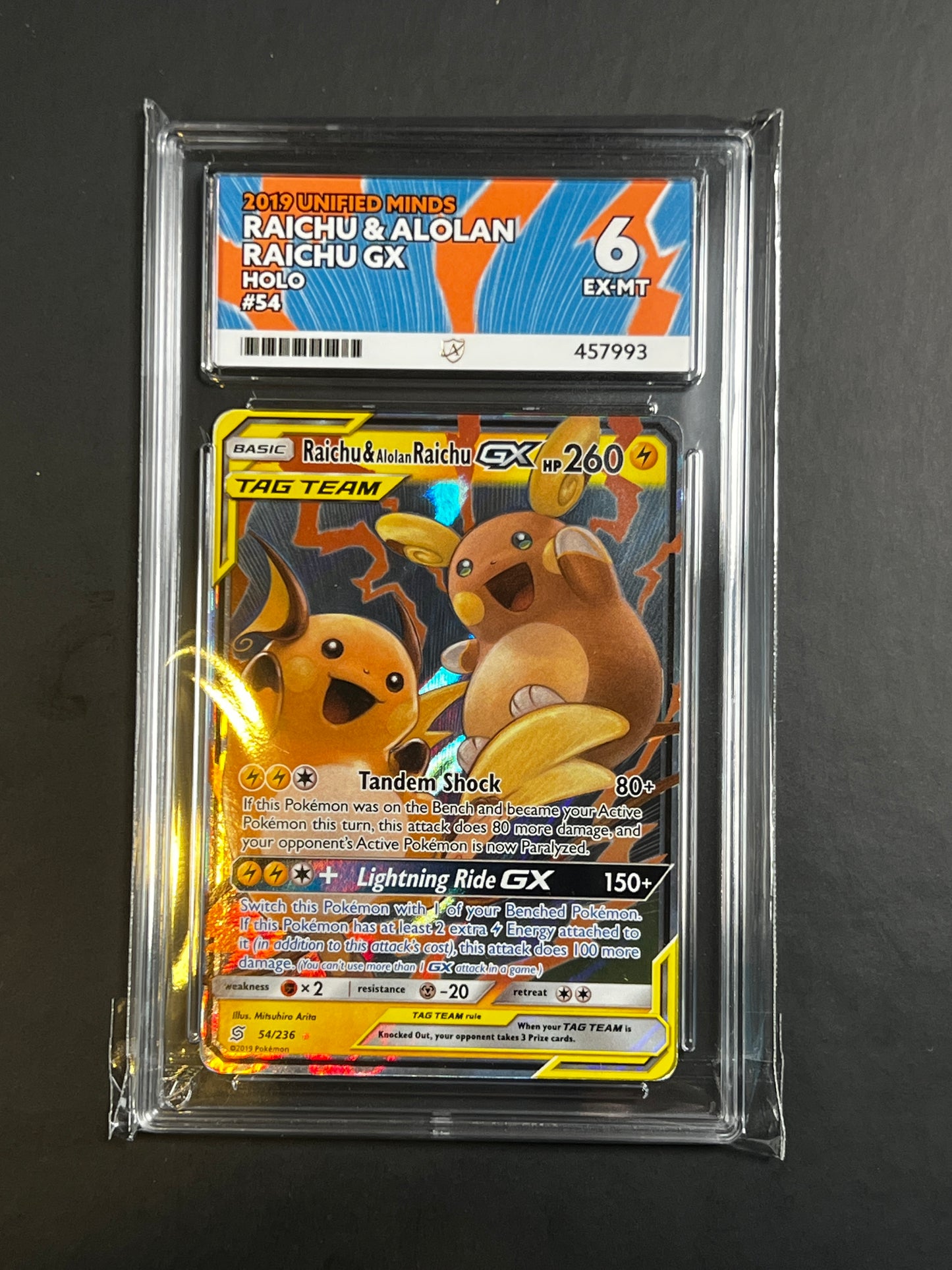 ACE 6 - 2019 - Raichu & Alolan Raichu GX - Unified Minds - 54/236 - Holo