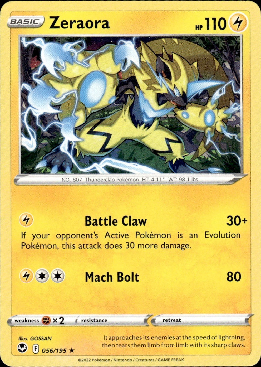 Zeraora 056/195 Rare Silver Tempest Pokemon Lightly Played