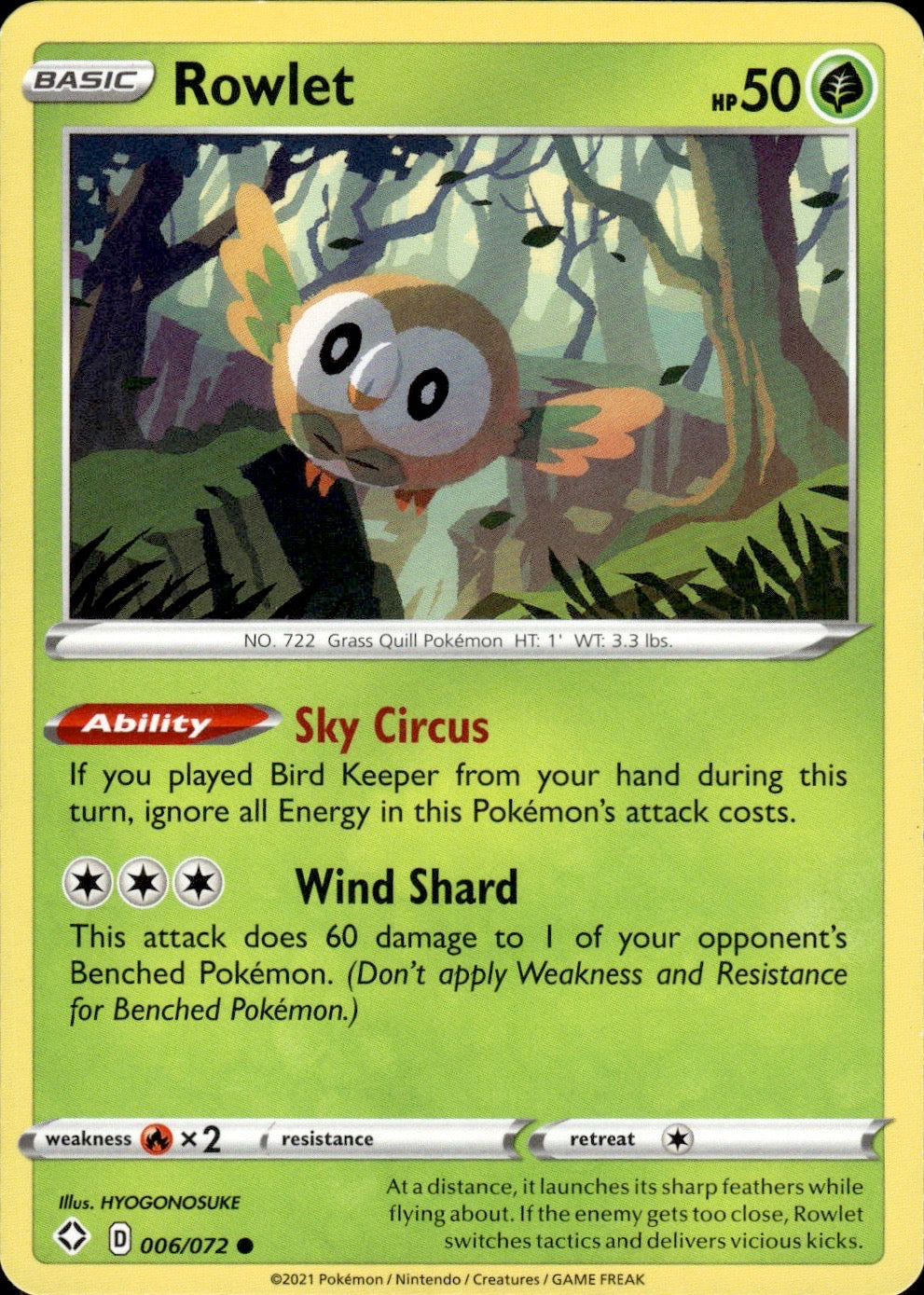 Rowlet 006/072 Common Shining Fates Pokemon Lightly Played