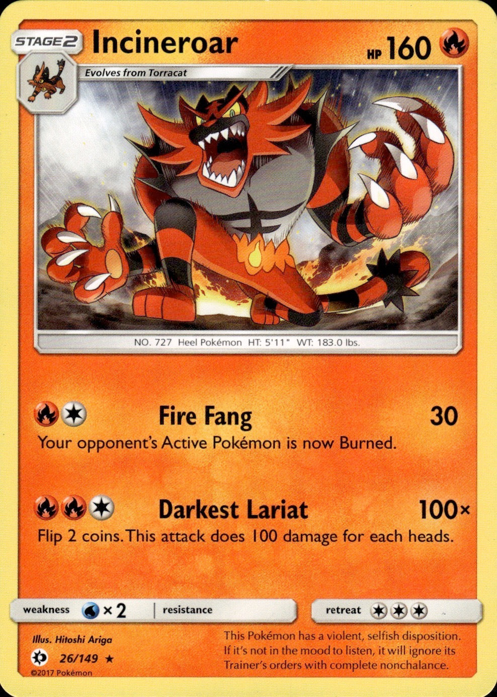 Incineroar 26/149 Rare SM Base Set Pokemon Lightly Played