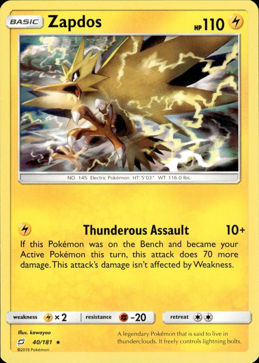 Zapdos 40/181 Holo Rare Team Up Pokemon Lightly Played