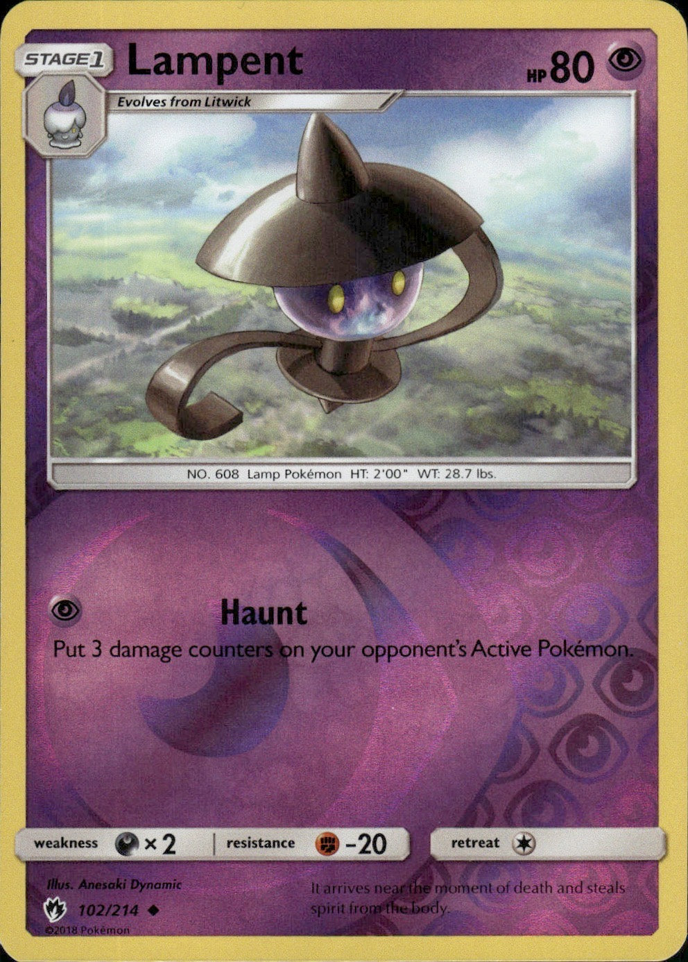 Lampent 102/214 Uncommon Lost Thunder Pokemon Reverse Holo Lightly Played
