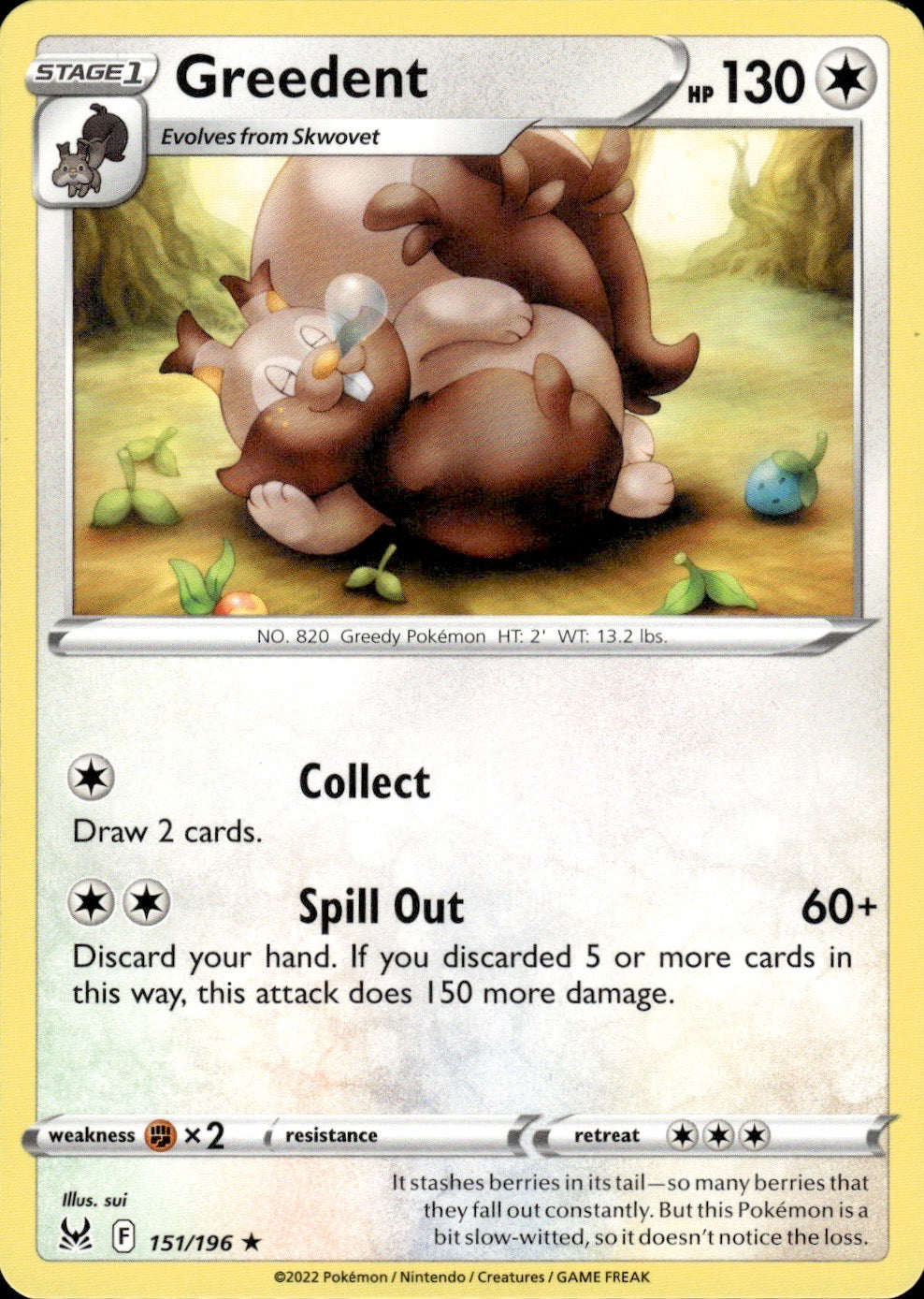 Greedent 151/196 Rare Lost Origin Pokemon Lightly Played